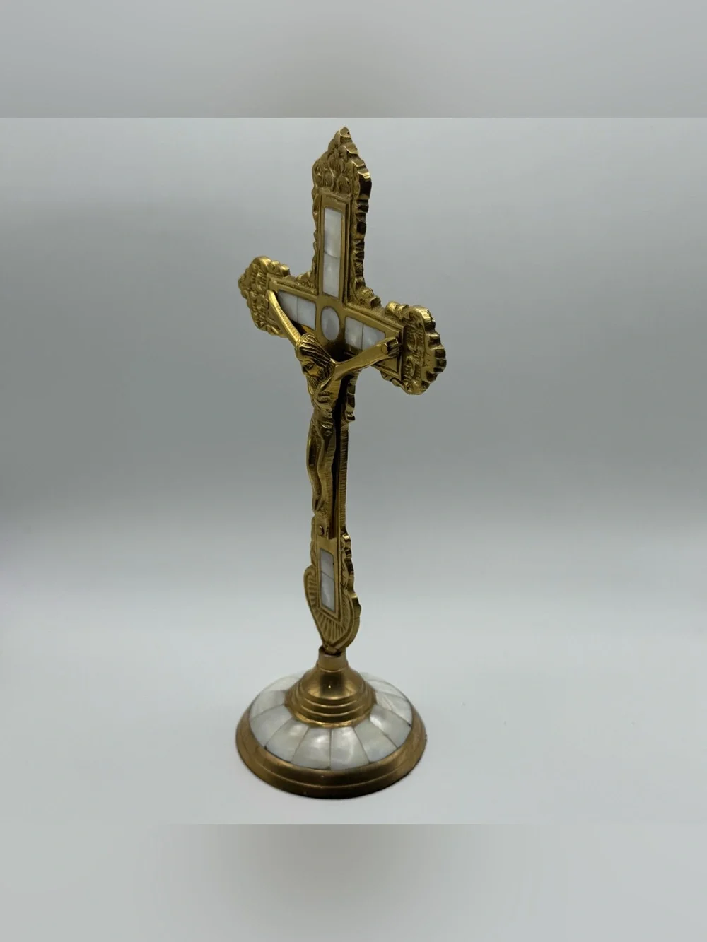 Vintage Mother of Pearl Inlay Standing Crucifix Gold Tone Altar Cross Jesus